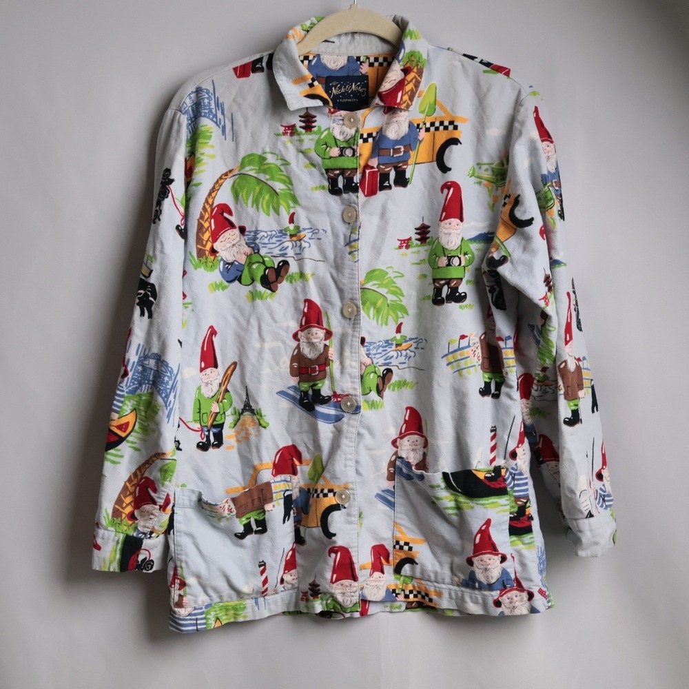 Nick & Nora Traveling Gnomes Cotton Flannel Pajama Top Blue M 122589